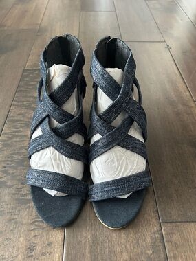 Strappy Navy Denim-Look Wedge Sandal